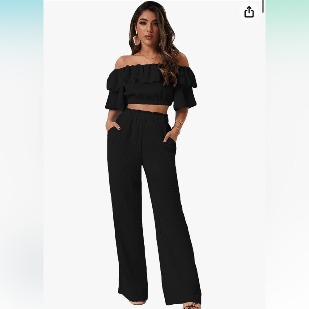 Women's 2 Piece Outfit Off The Shoulder Crop Top Wide Leg Pants Set